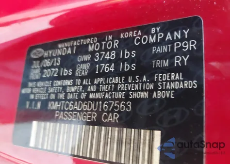 2013 Hyundai Veloster Base W/Black from USA, damaged, VIN KMHTC6AD6DU167563